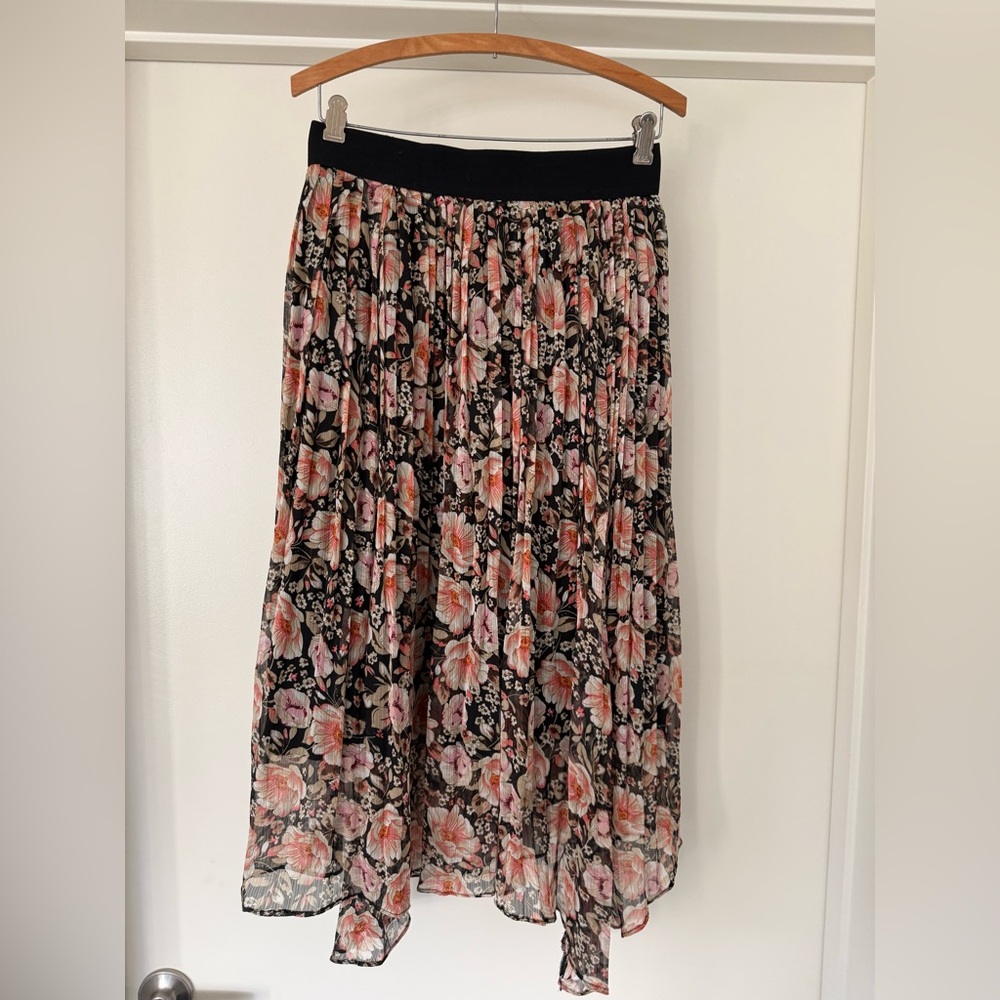 Elan Asymmetrical Floral Skirt in Black and Pink